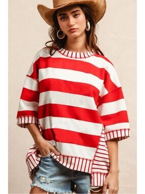 ❤️🤍💙 Red and White Striped Women's Relaxed Top